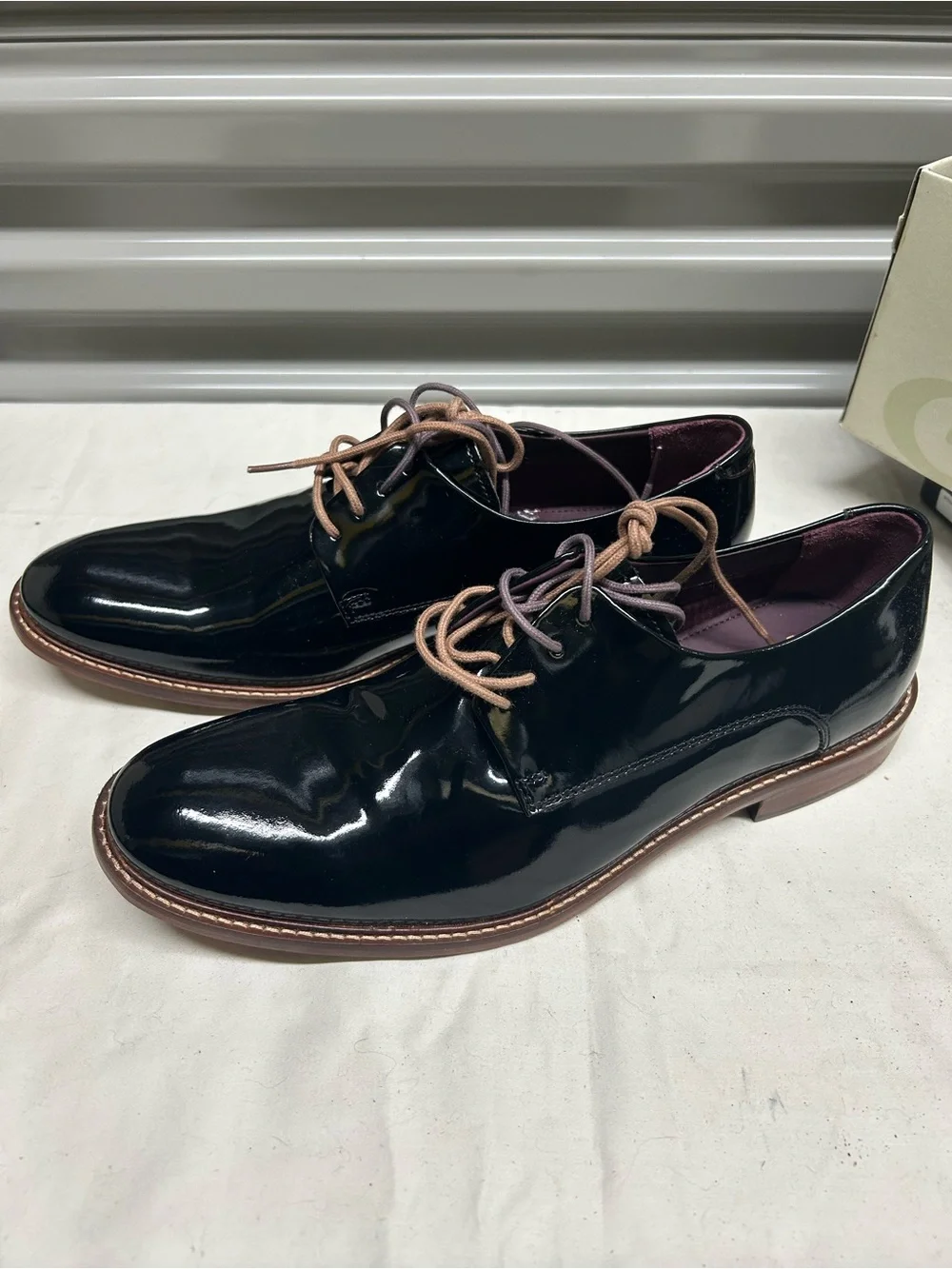 Ted Baker Gloss Black Patent Leather Derby Shoes with Tan Laces